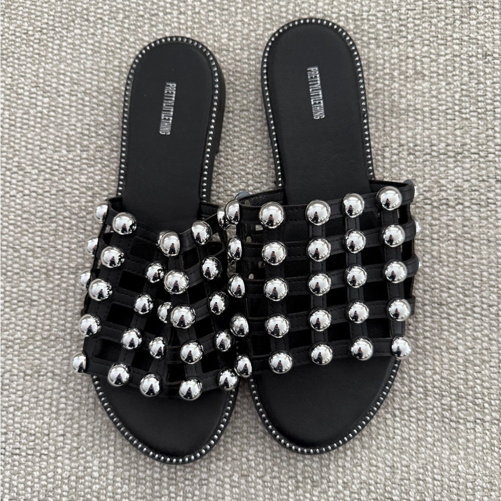 Pretty LittleThing Alisa Black Large Studded Slider Sandals with Silver Accents. - Picture 2 of 3